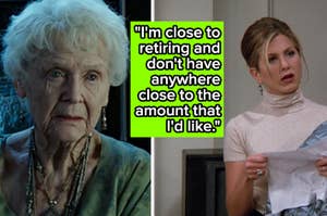 Two scenes from TV shows: Left shows an elderly woman, right shows a woman in a turtle-neck reading a letter. Text overlay shares a quote about retirement funds