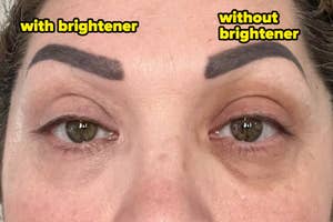 Close-up of a person's face, one eyebrow with brightener, the other without, demonstrating makeup effect