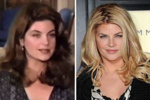 Side-by-side comparison of a younger and current Kirstie Alley, showing her style evolution