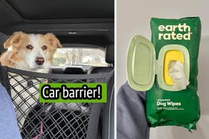 Dog behind car barrier next to an image of Earth Rated Dog Wipes package. Text overlay says "Car barrier!"