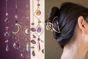 hanging crystal charms / reviewer wearing Kitsch claw clip in their hair