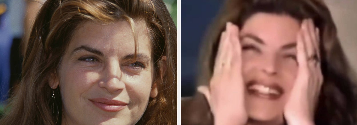 Split image: left, woman smiling, casual style; right, same woman with hands on face, playful gesture
