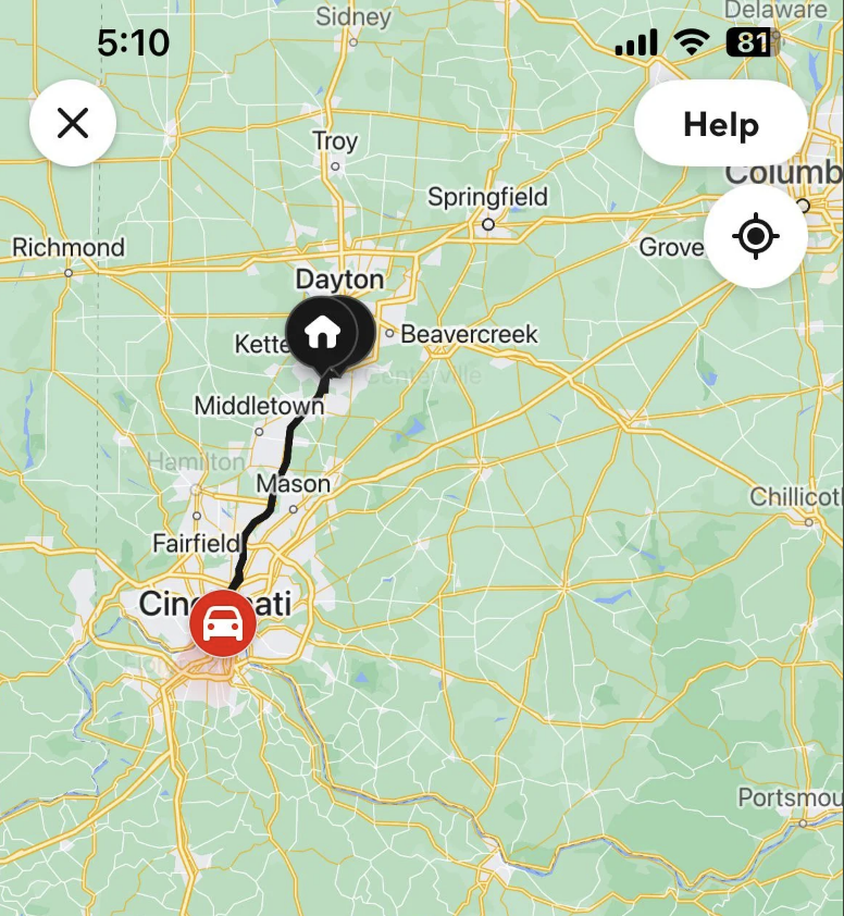 Traffic alert on a map app near Cincinnati with icons indicating an issue on the road