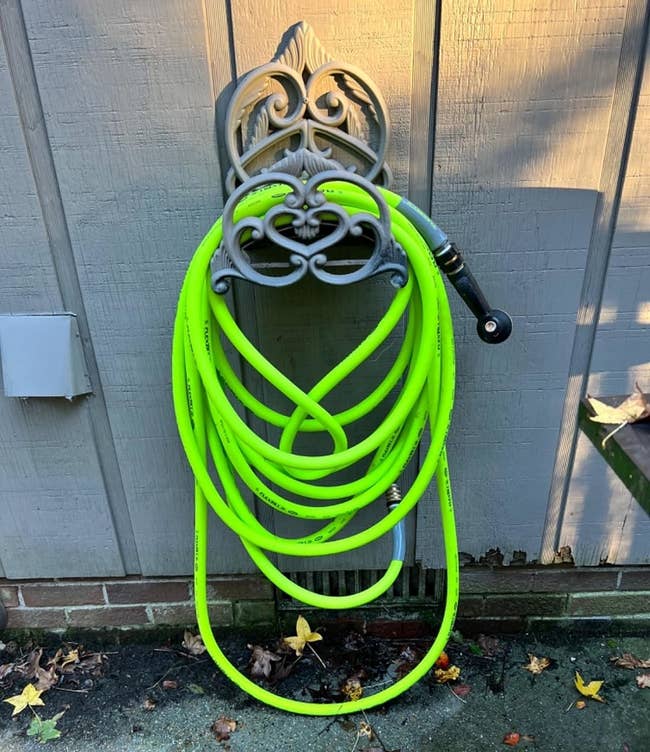 A greenish plot hose coiled astir a decorative wall-mounted holder with fallen leaves connected the ground