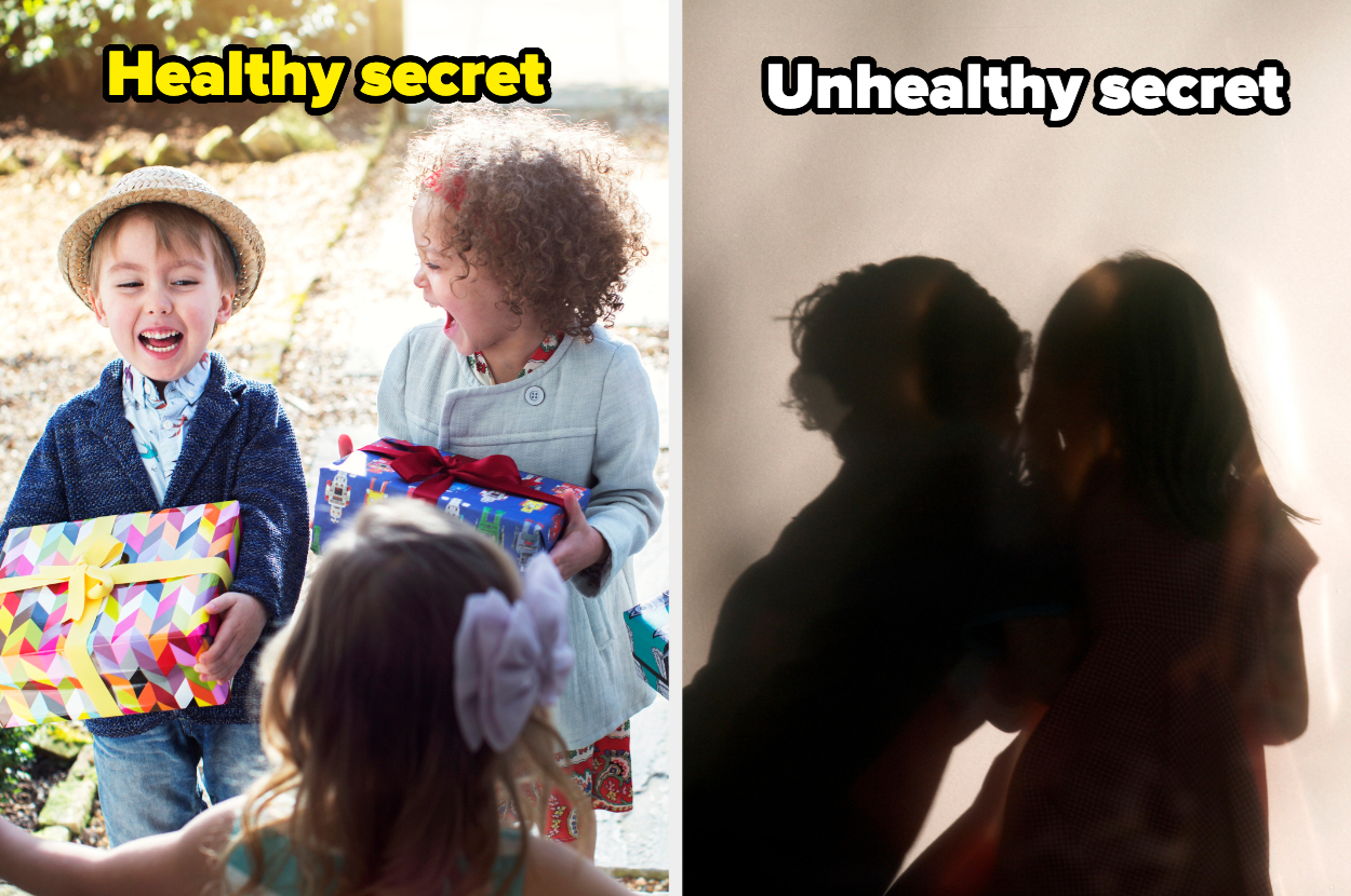 Two contrasting scenes; a joyful child sharing a gift and a silhouette of two people hinting secrecy