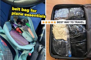 Two images: Left shows an open belt bag with travel items; Right displays a suitcase packed with clothes and the text "BEST WAY TO TRAVEL."
