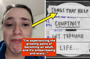 Collage of a teary young woman and a handwritten note titled "SONGS THAT HELP" with the name "COURTNEY"