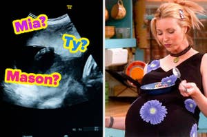 Split image with an ultrasound on left, and "Friends" character Phoebe Buffay on right, holding her pregnant belly