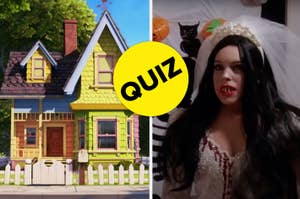 An illustration of a colorful house next to a photo of a person dressed as a vampire bride for a quiz