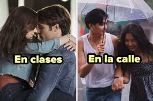 Comparación de dos parejas, una abrazada en clase y otra bajo la lluvia en la calle, con texto "En clases" y "En la calle"