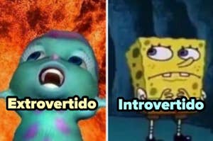 Meme de comparación con personajes animados, el Extraterrestre de "Toy Story" y Bob Esponja, etiquetados como "Extrovertido" e "Introvertido"