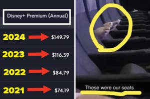 Pricing chart showing Disney+ Premium annual cost increase from 2021 to 2024 and photo of empty seats with text "These were our seats"