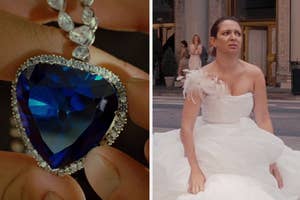 A person holds a large blue gemstone; a character in a wedding dress looks distressed on a street