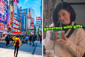 On the left, a busy Toyko street, and on the right, Melissa Villasenor holding a wrapped gift in an SNL sketch labeled generous with gifts