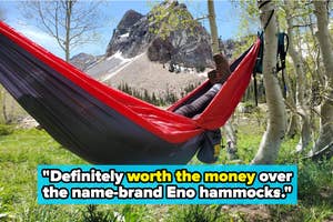 Person relaxing in a hammock outdoors, with a positive review about the hammock's value compared to Eno brand
