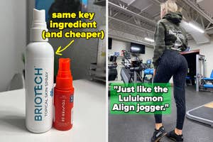 bottle of briotech spray next to a smaller tower 28 bottle, which have the same ingredients / reviewer showing the back of leggings and quote "just like the lululemon align jogger"