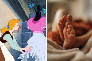 Cinderella working on her dress with animal friends; close-up of a baby's feet peeking out from a blanket