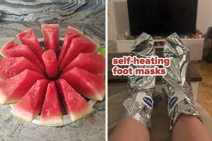 Sliced watermelon on left; Person with self-heating foot masks on right