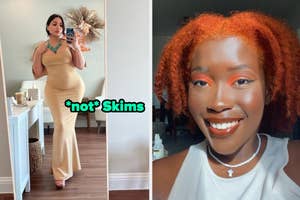 reviewer in a beige maxi bodycon dress similar to a skims version / reviewer wearing a lip oil