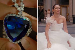 A person holds a large blue gemstone; a character in a wedding dress looks distressed on a street