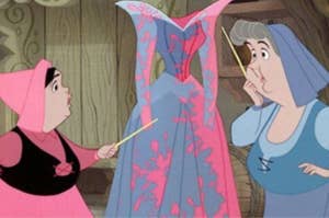 Flora and Merryweather from "Sleeping Beauty" dispute over the color of a dress with their magic wands