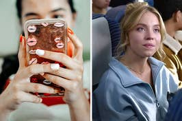 On the left, someone texting, and on the right, Sydney Sweeney sitting in an airplane seat as Bea in Anyone but You