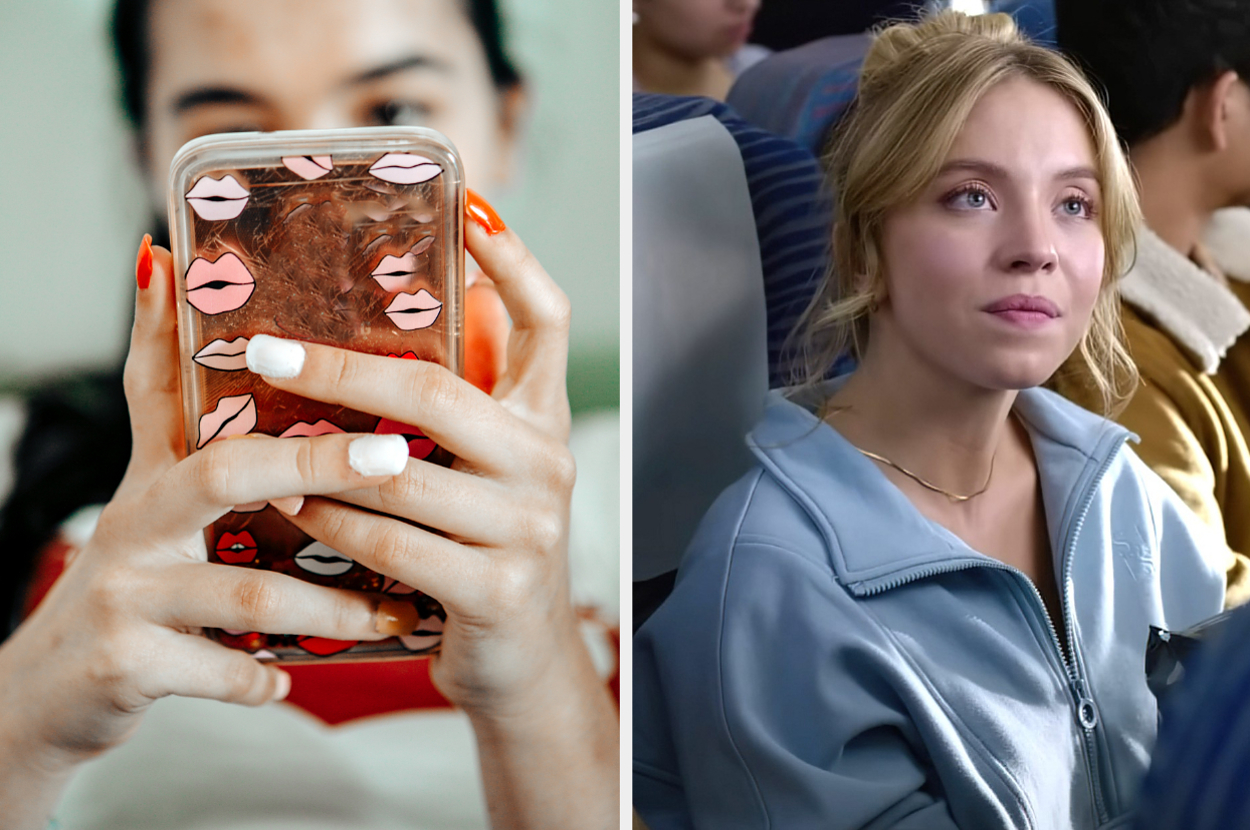 On the left, someone texting, and on the right, Sydney Sweeney sitting in an airplane seat as Bea in Anyone but You