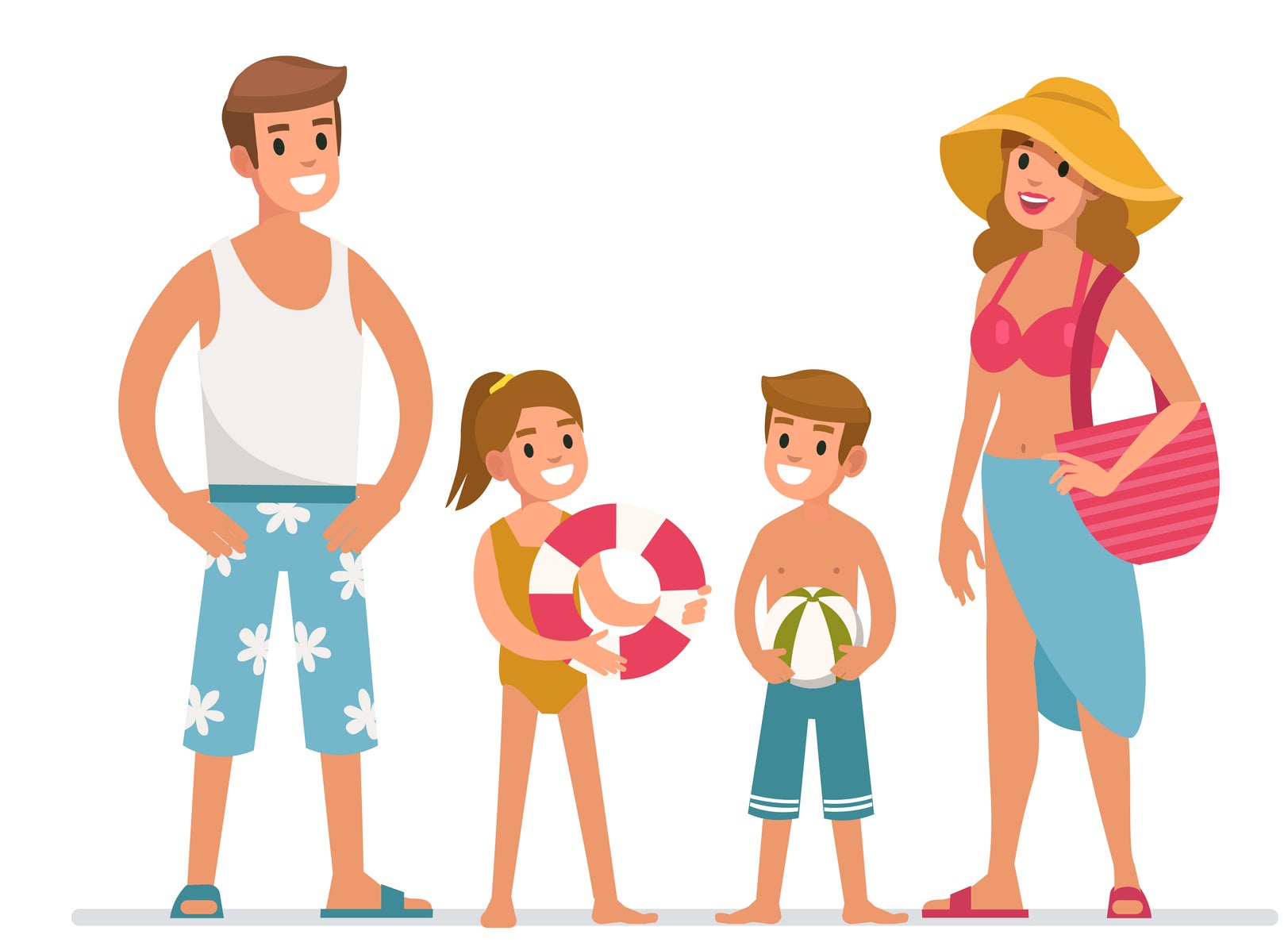 Illustration of a family of four ready for the beach; two adults and two children, one holding a ball, the other a float ring