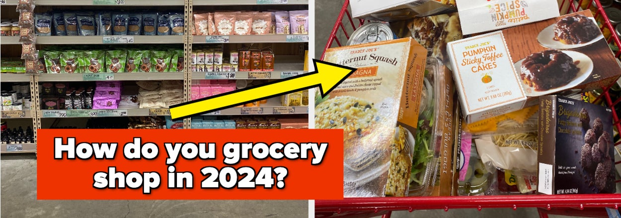 Supermarket aisle with various products; grocery cart filled with food items. Text: How do you grocery shop in 2024?