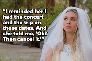 Bride looking upset with a quote about cancelling plans for a wedding
