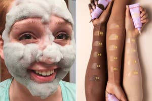 a reviewer with a bubbly mask on / three models showing the tinted sunscreen shades