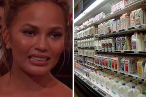 Chrissy Teigen looking emotional next to a grocery shelf stocked with a variety of dairy products