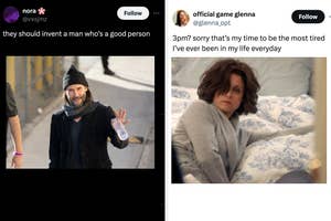 Two side-by-side tweets: Left, a man in a beanie and scarf waves. Right, a woman in bed looks tired