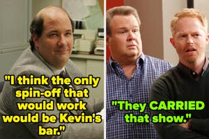Kevin from The Office seated in an office setting; side-by-side with Modern Family characters Cam & Mitchell in a domestic scene. Text overlay