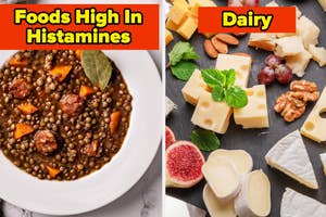 Split image showing a bowl of lentils with meat on the left and various dairy products on the right, titled "Foods High In Histamines"