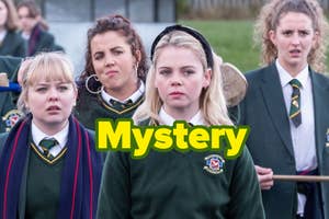"Derry Girls" cast in school uniforms looking concerned with the would "mystery" overlaid.