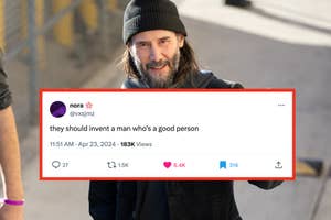 Man in beanie and jacket smiles behind a social media post overlay commenting on inventing a good man
