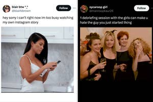 Two side-by-side images: Left - Woman on phone in kitchen. Right - Four women with drinks smiling