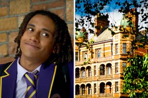 Toby from "Boarders" in his school uniform and a boarding school building.