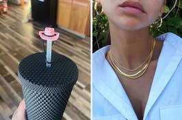 pink cowboy hat straw cover and model wearing three layer gold chain necklace
