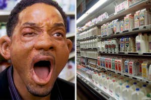 Split image: Left - Man expressing disgust. Right - Dairy aisle in a grocery store