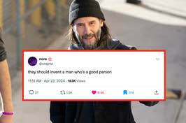 Man in beanie and jacket smiles behind a social media post overlay commenting on inventing a good man