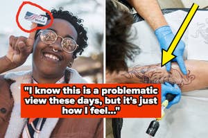 Split image: Left - Person showing "I voted" sticker. Right - Close-up of a tattoo being inked on arm. Text: Quoted opinion on voting