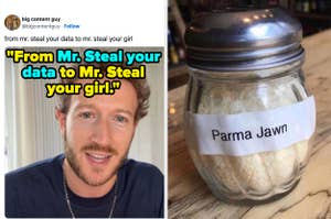 Meme with a man's selfie and a jar labeled "Parma Jawn", with a humorous caption about stealing data and your girl