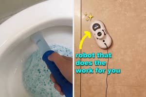 reviewer putting gel stamp in toilet /a reviewer's robot cleaning shower wall "robot that does the work for you"