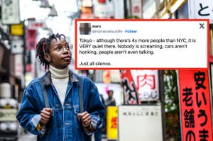Woman in denim jacket over hoodie walks in city with neon signs, text box describes the quietness of Tokyo compared to NYC