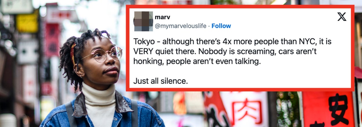 Woman in denim jacket over hoodie walks in city with neon signs, text box describes the quietness of Tokyo compared to NYC