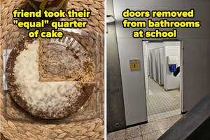 Left: A pie with a disproportionately large piece removed. Right: A school bathroom with missing door stalls