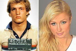 Two side-by-side mugshots of an unidentified man and Paris Hilton