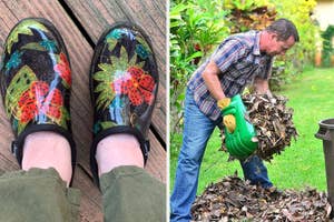 Person in floral patterned shoes standing on wooden surface, and another person gardening with leaves and a green watering can